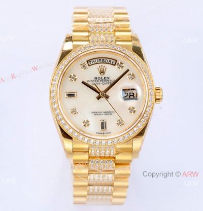  Swiss 1:1 Copy Rolex DayDate 36mm Watch White Mother Pearl Dial Center Diamond Strap